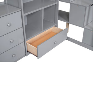 English Elm Twin Loft Bed with L-Shaped Desk, Drawers, Cabinet and Storage Staircase for Space-Saving Rooms Gray GX000328AAE