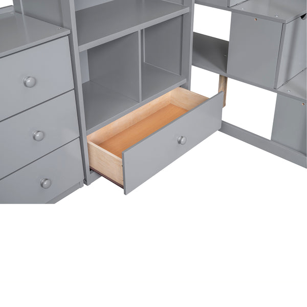 English Elm Twin Loft Bed with L-Shaped Desk, Drawers, Cabinet and Storage Staircase for Space-Saving Rooms Gray GX000328AAE