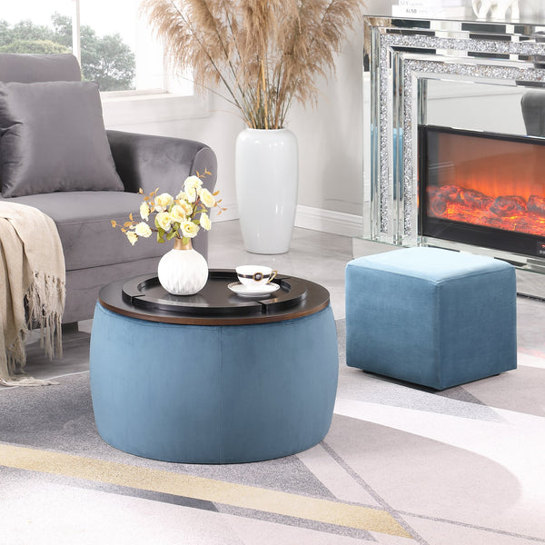 English Elm Round Ottoman Set with Storage - 2-in-1 Convertible Coffee Table & Footstool, Velvet Upholstery, Compact Accent Piece for Living Room, Bedroom, Office Blue W142065118