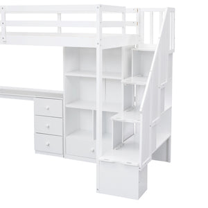 English Elm Twin Loft Bed with L-Shaped Desk, Drawers, Cabinet and Storage Staircase for Space-Saving Rooms White GX000328AAK