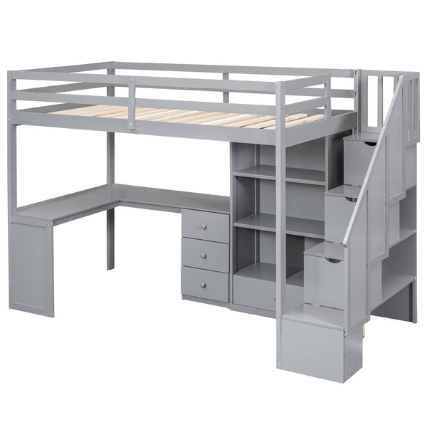 English Elm Twin Loft Bed with L-Shaped Desk, Drawers, Cabinet and Storage Staircase for Space-Saving Rooms Gray GX000328AAE