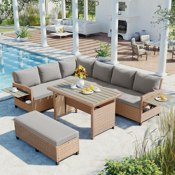 English Elm TOMAX 5-Piece Outdoor Rattan Sectional Sofa Set with Extendable Side Tables and Dining Table Brown SP100006AAD