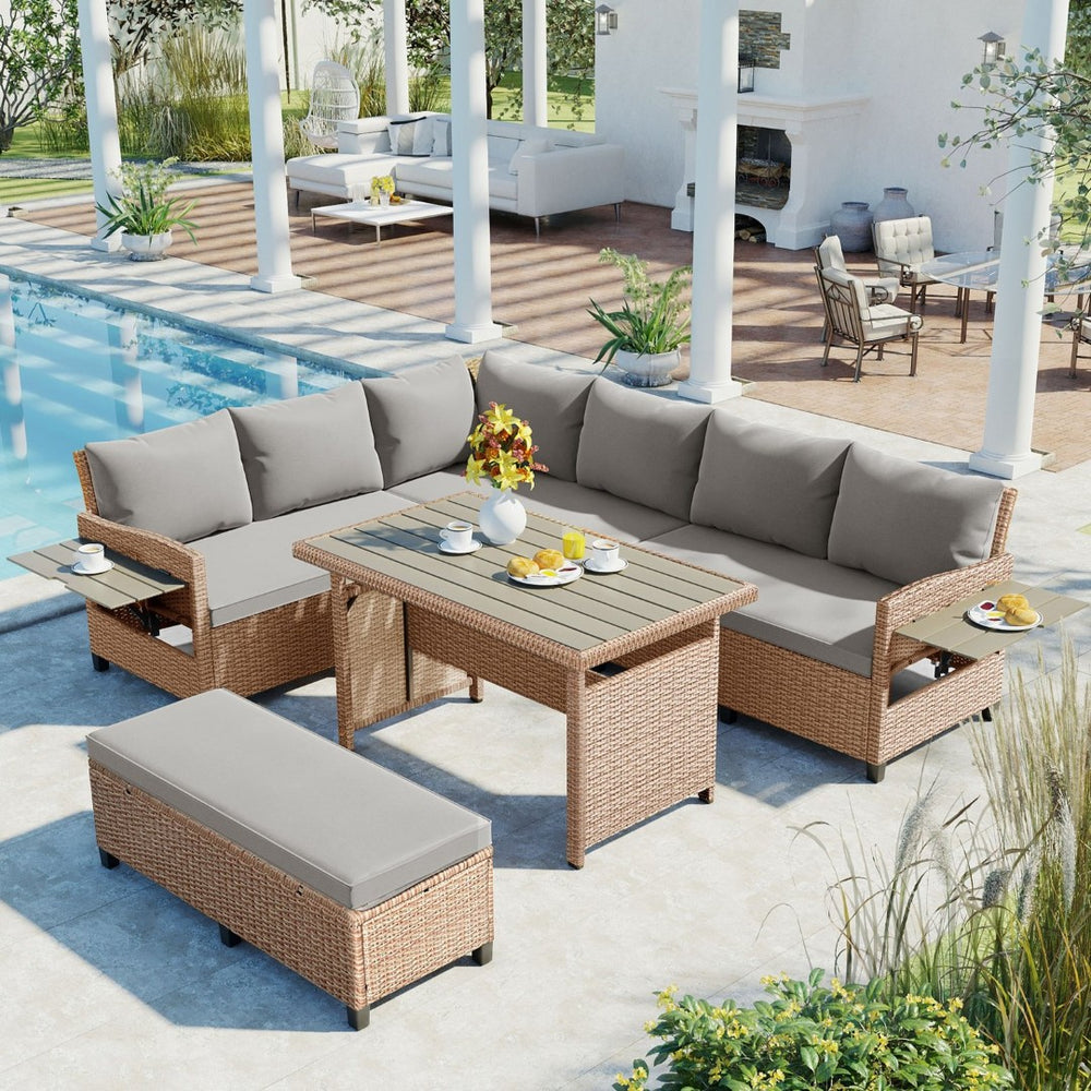 English Elm Tomax Outdoor Pe Wicker Sectional Set Seats 7 with Dining Table and Side Tables N717S100006D