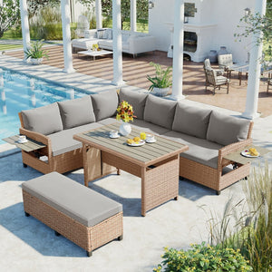 English Elm Tomax Outdoor Pe Wicker Sectional Set Seats 7 with Dining Table and Side Tables N717S100006D
