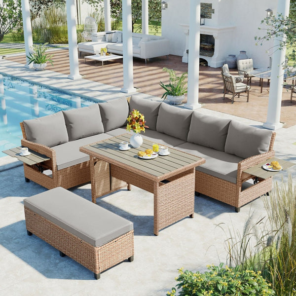 English Elm Tomax Outdoor Pe Wicker Sectional Set Seats 7 with Dining Table and Side Tables N717S100006D