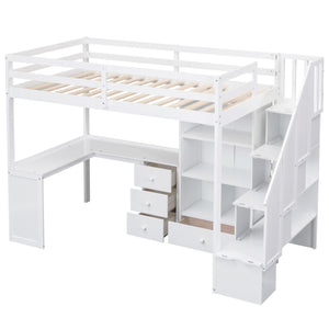 English Elm Twin Loft Bed with L-Shaped Desk, Drawers, Cabinet and Storage Staircase for Space-Saving Rooms White GX000328AAK