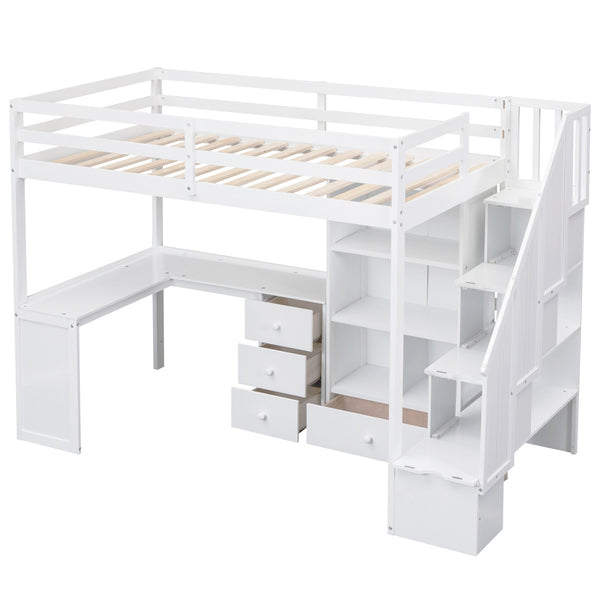 English Elm Twin Loft Bed with L-Shaped Desk, Drawers, Cabinet and Storage Staircase for Space-Saving Rooms White GX000328AAK