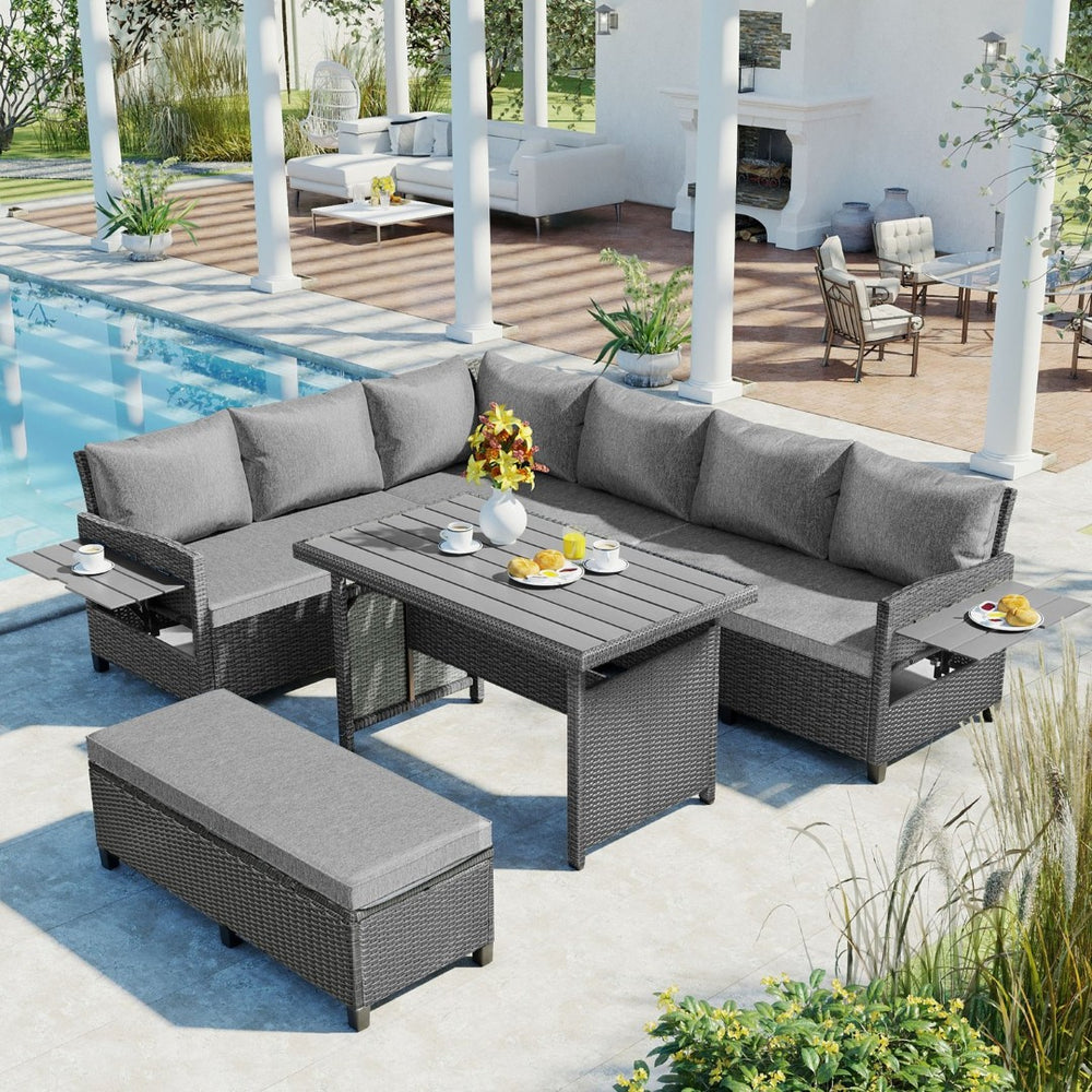 English Elm Tomax 5 Piece Pe Wicker Sectional Patio Set Seats Seven with Dining Table Included N717S110006E