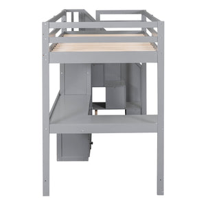 English Elm Twin Loft Bed with L-Shaped Desk, Drawers, Cabinet and Storage Staircase for Space-Saving Rooms Gray GX000328AAE