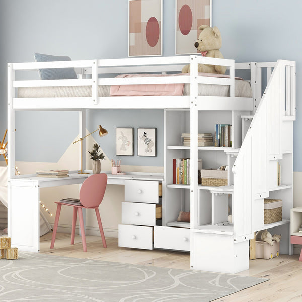 English Elm Twin Loft Bed with L-Shaped Desk, Drawers, Cabinet and Storage Staircase for Space-Saving Rooms White GX000328AAK