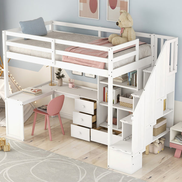 English Elm Twin Loft Bed with L-Shaped Desk, Drawers, Cabinet and Storage Staircase for Space-Saving Rooms White GX000328AAK