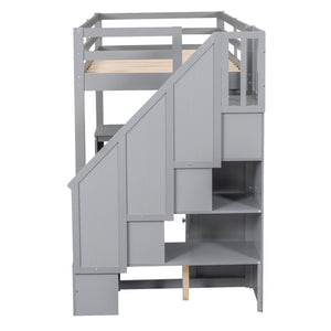 English Elm Twin Loft Bed with L-Shaped Desk, Drawers, Cabinet and Storage Staircase for Space-Saving Rooms Gray GX000328AAE