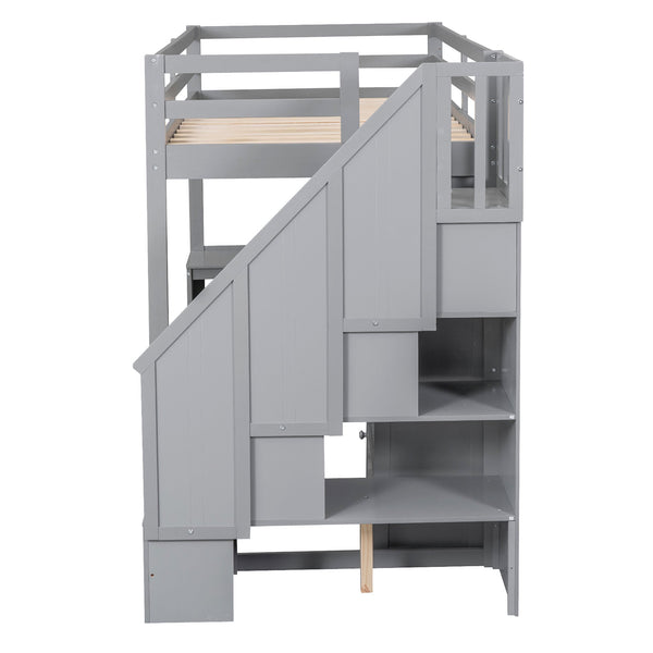 English Elm Twin Loft Bed with L-Shaped Desk, Drawers, Cabinet and Storage Staircase for Space-Saving Rooms Gray GX000328AAE