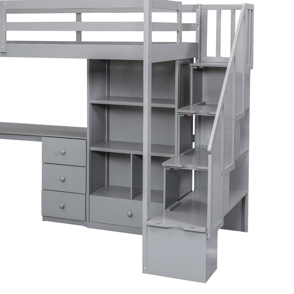 English Elm Twin Loft Bed with L-Shaped Desk, Drawers, Cabinet and Storage Staircase for Space-Saving Rooms Gray GX000328AAE