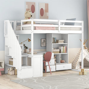English Elm Twin Loft Bed with L-Shaped Desk, Drawers, Cabinet and Storage Staircase for Space-Saving Rooms White GX000328AAK