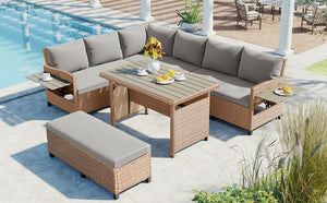 English Elm Tomax Outdoor Pe Wicker Sectional Set Seats 7 with Dining Table and Side Tables N717S100006D