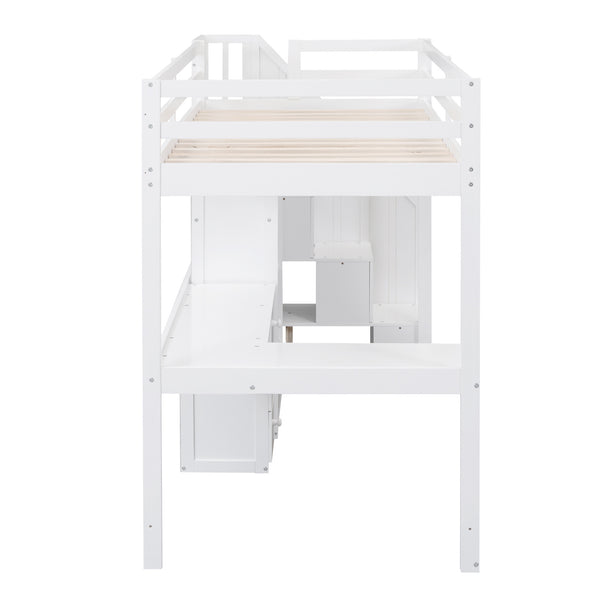 English Elm Twin Loft Bed with L-Shaped Desk, Drawers, Cabinet and Storage Staircase for Space-Saving Rooms White GX000328AAK