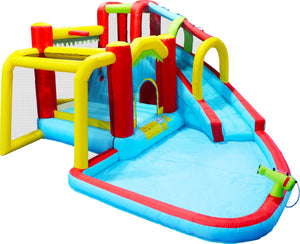 English Elm 7 in 1 Inflatable Backyard Water Park with Slide Splash Pool Climbing Wall and Bouncer W167790010