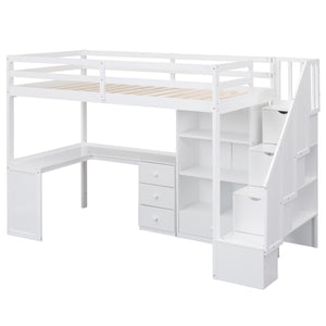 English Elm Twin Loft Bed with L-Shaped Desk, Drawers, Cabinet and Storage Staircase for Space-Saving Rooms White GX000328AAK