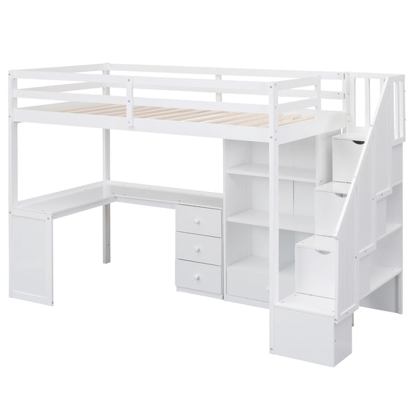 English Elm Twin Loft Bed with L-Shaped Desk, Drawers, Cabinet and Storage Staircase for Space-Saving Rooms White GX000328AAK