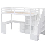 Hearth and Haven Enthrallia Twin Size Loft Bed with L-Shaped Desk, Cabinet and Storage Staircase, White GX000328AAK