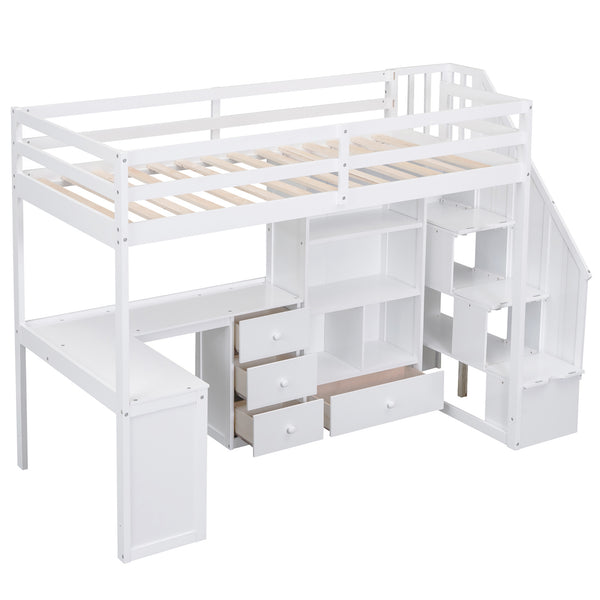 English Elm Twin Loft Bed with L-Shaped Desk, Drawers, Cabinet and Storage Staircase for Space-Saving Rooms White GX000328AAK