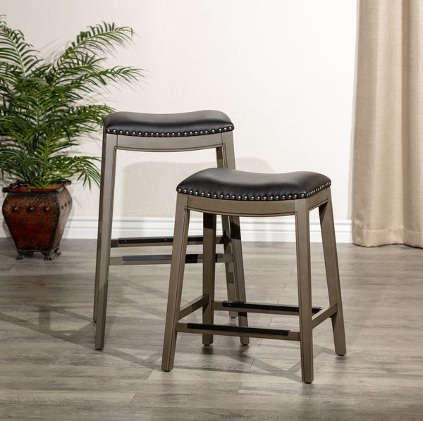 English Elm 24" Counter Height Saddle Stool Weathered Gray with Black Bonded Leather Seat & Nailhead Trim Durable Hardwood Frame B046109806