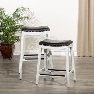 English Elm 30" Bar Stool Saddle Seat White with Black Bonded Leather, Nailhead Trim & Hardwood Frame B04682772