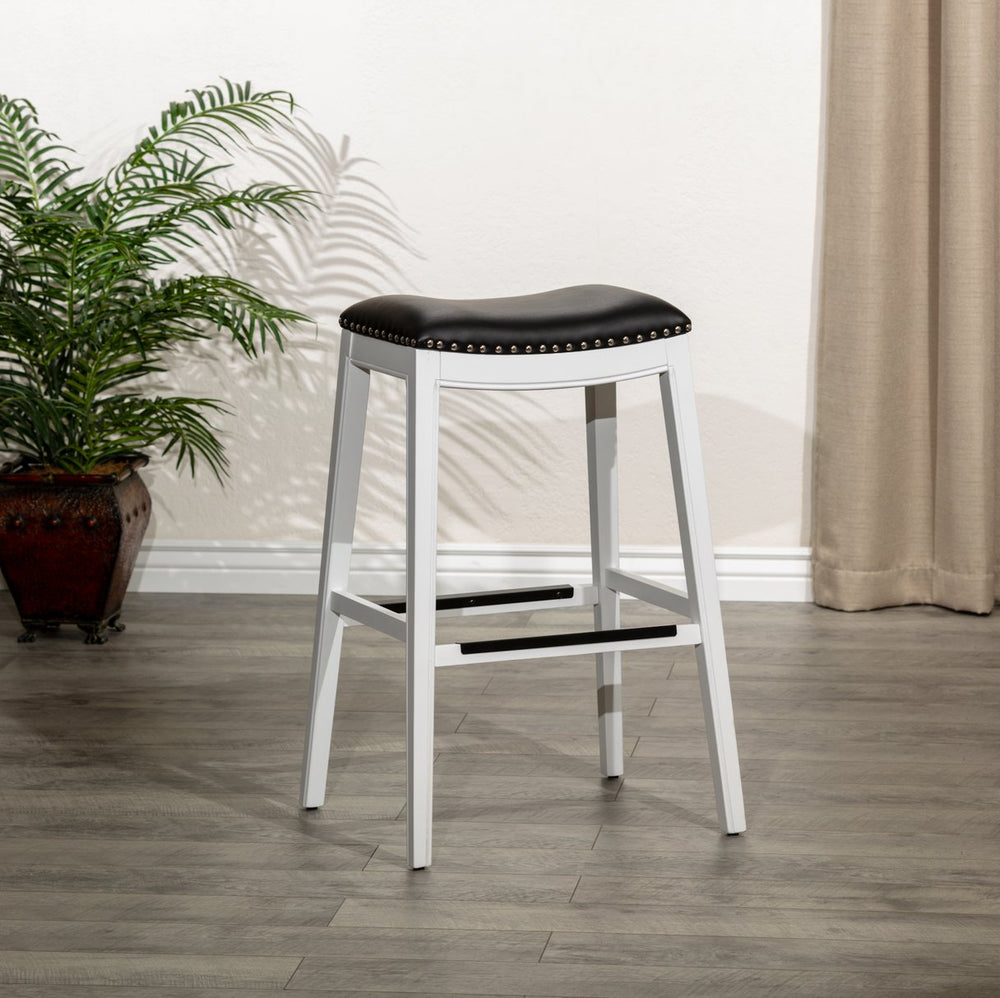 English Elm 30" Bar Stool Saddle Seat White with Black Bonded Leather, Nailhead Trim & Hardwood Frame B04682772