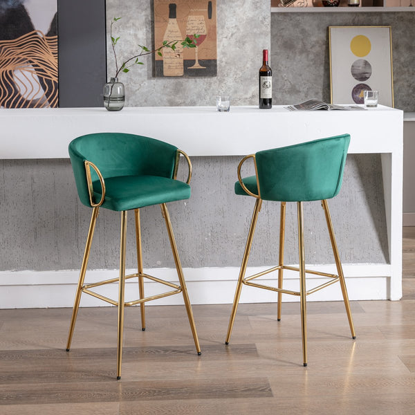 English Elm 26 Inch Velvet Bar Stools Set Of 2 – Green Upholstery, Gold Legs & Chrome Footrest For Chic Comfort W124973014