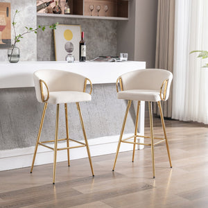 English Elm 30 Inch Set Of 2 Cream Velvet Bar Stools With Gold Legs & Chrome Footrest For Modern Elegance W124973007