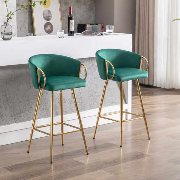 English Elm 30 Inch Set Of 2 Velvet Bar Stools With Chrome Footrest & Golden Legs - Elegant Green Design W124973010