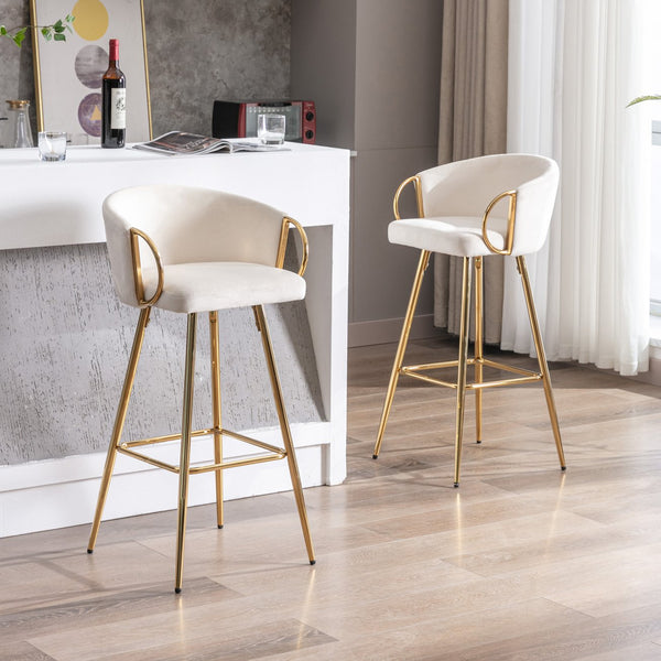 English Elm 26 Inch Cream Velvet Bar Stools Set Of 2 With Chrome Footrest & Golden Legs For Modern Elegance W124973012