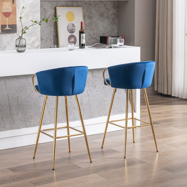 English Elm 30 Inch Set Of 2 Plush Blue Velvet Bar Stools With Gold Legs & Chrome Footrest For Modern Style W124973011