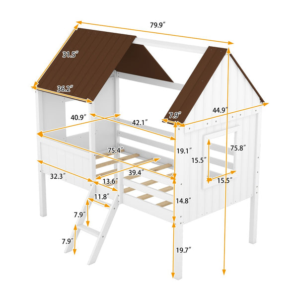 English Elm Twin Playhouse Cabin Loft Bed Solid Pine Frame with Guardrails for Kids Bedroom WF300984AAD