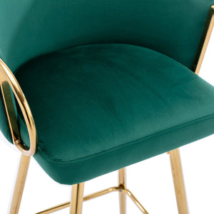 English Elm 26 Inch Velvet Bar Stools Set Of 2 – Green Upholstery, Gold Legs & Chrome Footrest For Chic Comfort W124973014