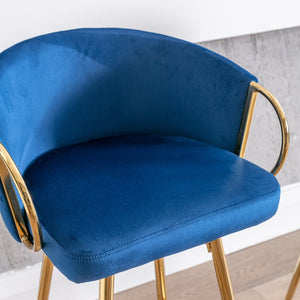 English Elm 30 Inch Set Of 2 Plush Blue Velvet Bar Stools With Gold Legs & Chrome Footrest For Modern Style W124973011