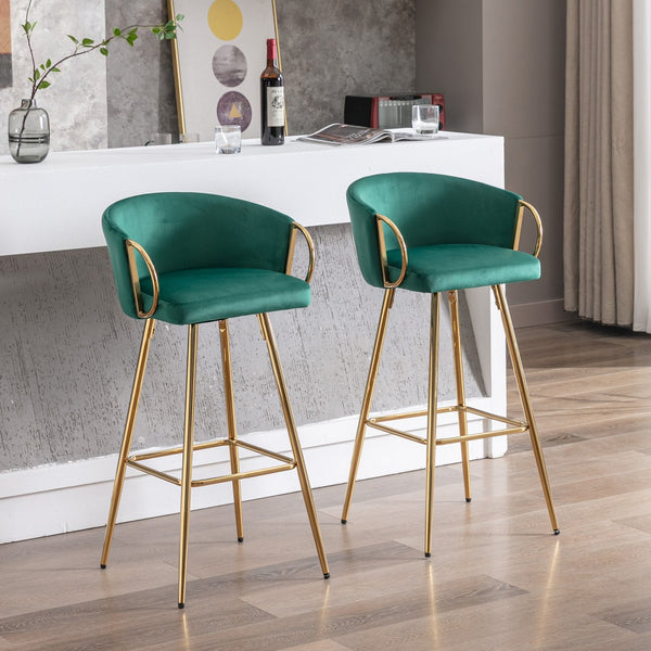 English Elm 26 Inch Velvet Bar Stools Set Of 2 – Green Upholstery, Gold Legs & Chrome Footrest For Chic Comfort W124973014