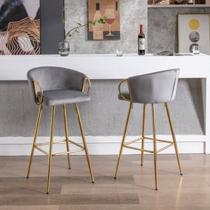 English Elm 30 Inch Set Of 2 Velvet Bar Stools With Gold Legs & Chrome Footrest - Chic Seating For Modern Spaces W124973009