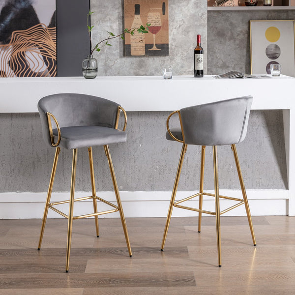 English Elm 30 Inch Set Of 2 Velvet Bar Stools With Gold Legs & Chrome Footrest - Chic Seating For Modern Spaces W124973009