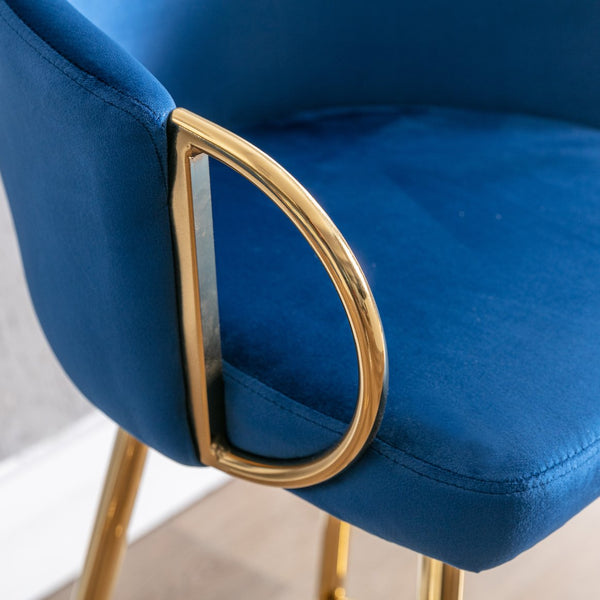 English Elm 30 Inch Set Of 2 Plush Blue Velvet Bar Stools With Gold Legs & Chrome Footrest For Modern Style W124973011