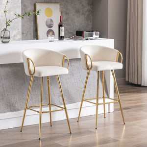 English Elm 26 Inch Cream Velvet Bar Stools Set Of 2 With Chrome Footrest & Golden Legs For Modern Elegance W124973012