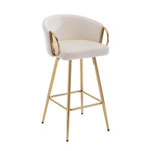 English Elm 30 Inch Set Of 2 Cream Velvet Bar Stools With Gold Legs & Chrome Footrest For Modern Elegance W124973007