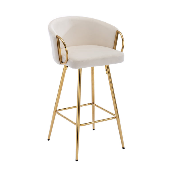 English Elm 30 Inch Set Of 2 Cream Velvet Bar Stools With Gold Legs & Chrome Footrest For Modern Elegance W124973007