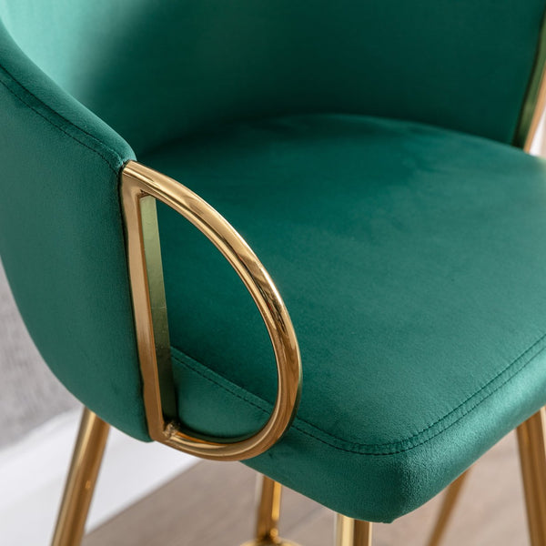 English Elm 30 Inch Set Of 2 Velvet Bar Stools With Chrome Footrest & Golden Legs - Elegant Green Design W124973010