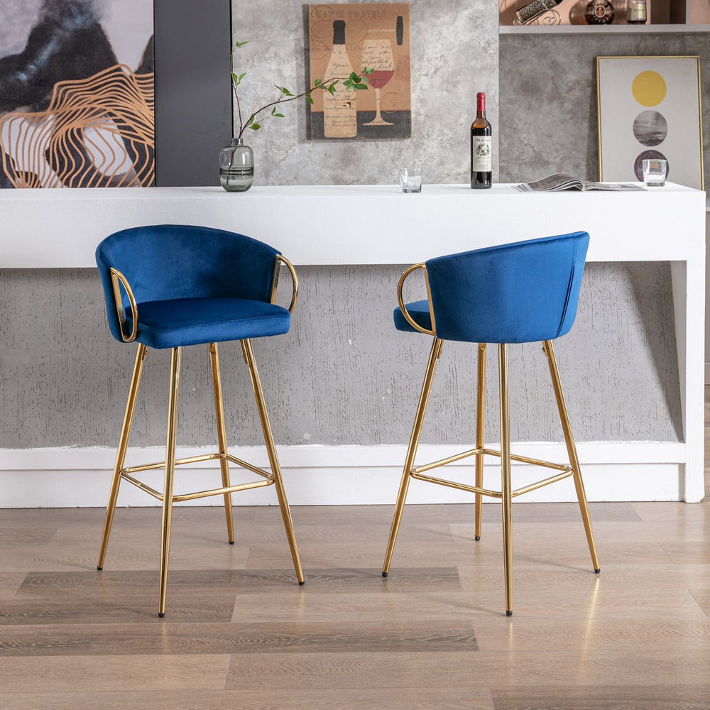 English Elm 30 Inch Set Of 2 Plush Blue Velvet Bar Stools With Gold Legs & Chrome Footrest For Modern Style W124973011