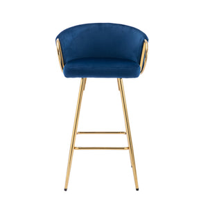 English Elm 30 Inch Set Of 2 Plush Blue Velvet Bar Stools With Gold Legs & Chrome Footrest For Modern Style W124973011