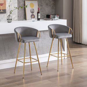 English Elm 30 Inch Set Of 2 Velvet Bar Stools With Gold Legs & Chrome Footrest - Chic Seating For Modern Spaces W124973009
