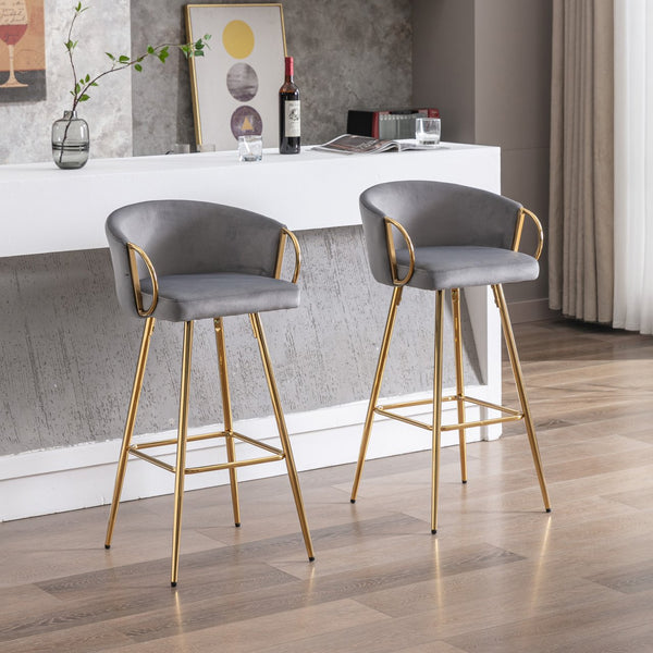 English Elm 30 Inch Set Of 2 Velvet Bar Stools With Gold Legs & Chrome Footrest - Chic Seating For Modern Spaces W124973009