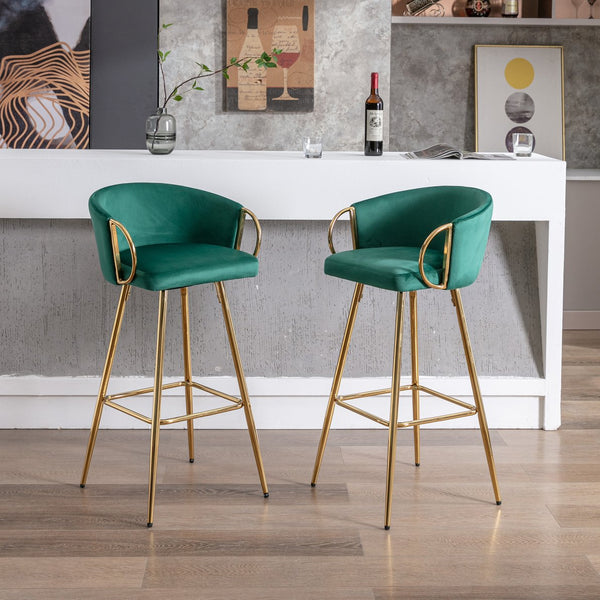 English Elm 30 Inch Set Of 2 Velvet Bar Stools With Chrome Footrest & Golden Legs - Elegant Green Design W124973010